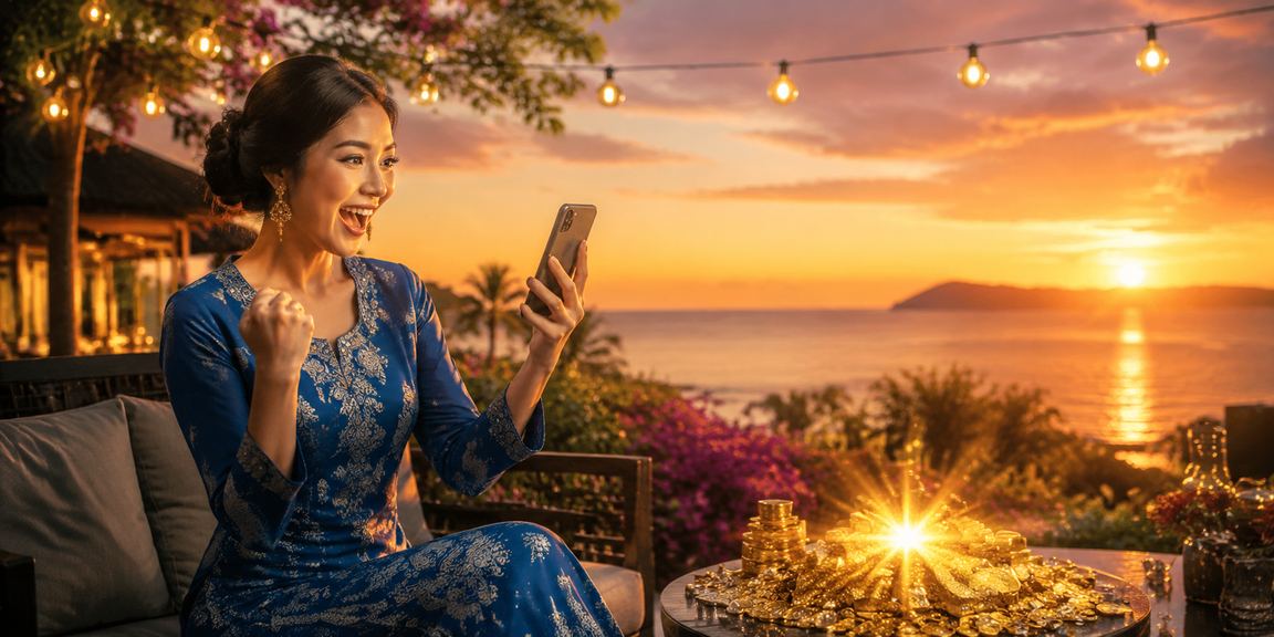 Pengguna wanita dari Kota Kinabalu membuat deposit di platform mae88 sambil memakai baju kurung